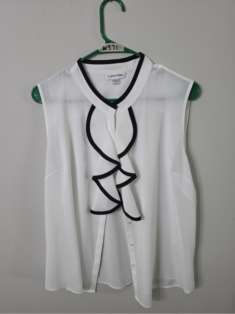 Calvin Klein White Sleeveless Ruffle Blouse with Black Trim XL